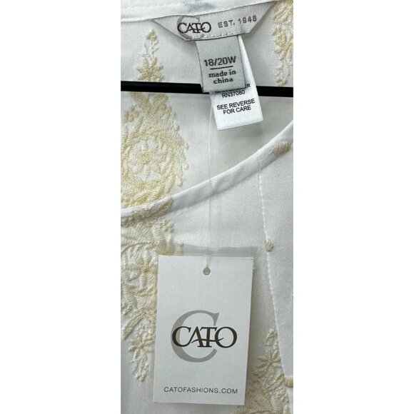 Cato Blouse Women 18/20W Long Balloon Sleeve White Cream Embroidered Elastic Hem - Picture 5 of 9